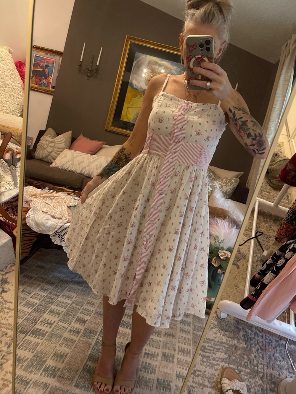 Anthropologie Odille Floral Dress Cottagecore Pink White Button Front Size 6